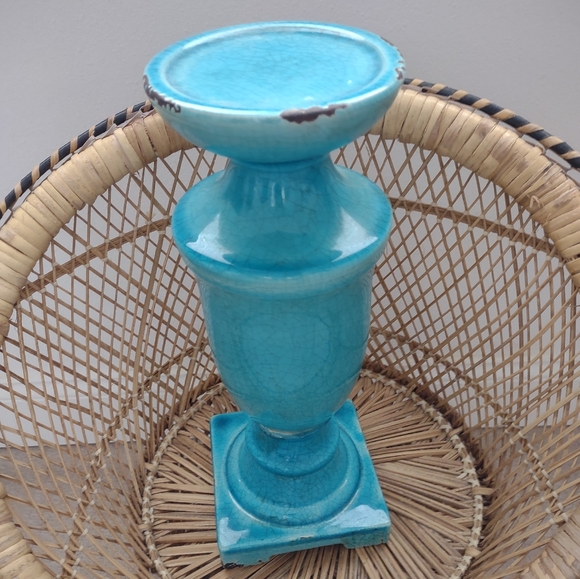 Antique Style Tall Pillar Ceramics Candle Holder Turquoise
